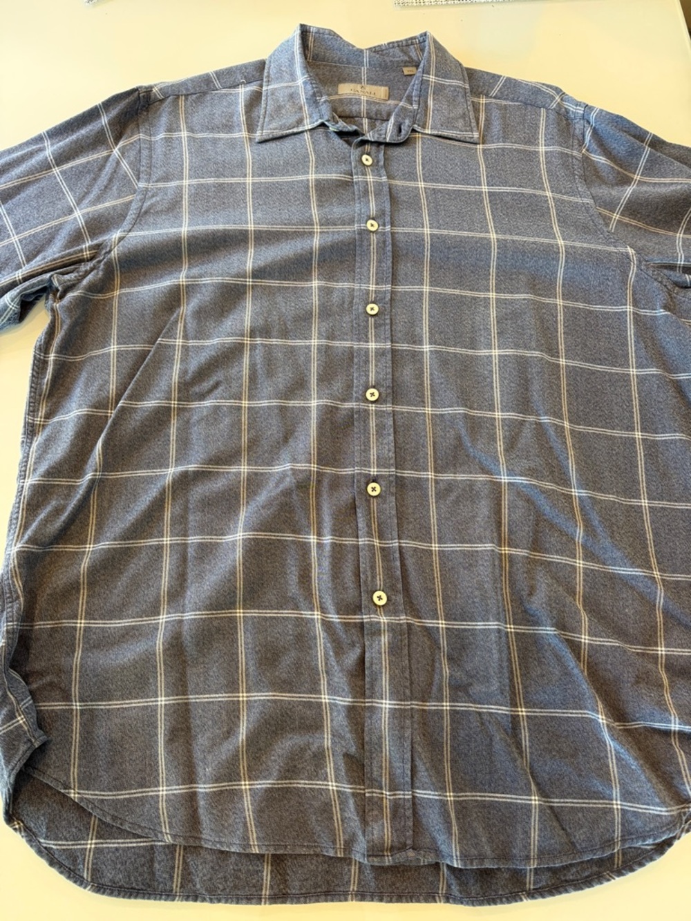 Canali Navy Blue Windowpane Button-Down tencel/cotton blend Shirt.